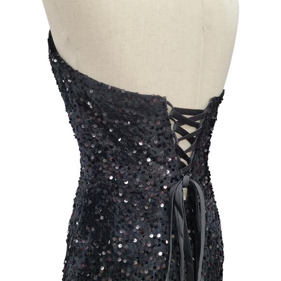 NWT Black Strapless Sequin Evening Gown with Corset Back on Velvet Fabric - Picture 9 of 12